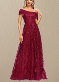 Joyce A-line Off the Shoulder Floor-Length Lace Tulle Evening Dress With Pleated Sequins UKP0020992