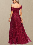 Joyce A-line Off the Shoulder Floor-Length Lace Tulle Evening Dress With Pleated Sequins UKP0020992