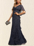 Leia Sheath/Column V-Neck Sweep Train Chiffon Lace Evening Dress With Cascading Ruffles UKP0020993