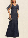 Leia Sheath/Column V-Neck Sweep Train Chiffon Lace Evening Dress With Cascading Ruffles UKP0020993