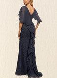 Leia Sheath/Column V-Neck Sweep Train Chiffon Lace Evening Dress With Cascading Ruffles UKP0020993