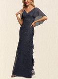 Leia Sheath/Column V-Neck Sweep Train Chiffon Lace Evening Dress With Cascading Ruffles UKP0020993