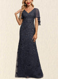 Leia Sheath/Column V-Neck Sweep Train Chiffon Lace Evening Dress With Cascading Ruffles UKP0020993