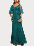 Noemi Sheath/Column V-Neck Floor-Length Lace Sequin Evening Dress UKP0020995