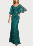 Noemi Sheath/Column V-Neck Floor-Length Lace Sequin Evening Dress UKP0020995