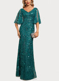 Noemi Sheath/Column V-Neck Floor-Length Lace Sequin Evening Dress UKP0020995