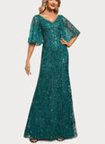 Noemi Sheath/Column V-Neck Floor-Length Lace Sequin Evening Dress UKP0020995