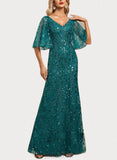 Noemi Sheath/Column V-Neck Floor-Length Lace Sequin Evening Dress UKP0020995