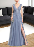 Skyler A-line V-Neck Floor-Length Lace Tulle Evening Dress With Sequins UKP0020996