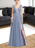 Skyler A-line V-Neck Floor-Length Lace Tulle Evening Dress With Sequins UKP0020996