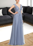 Skyler A-line V-Neck Floor-Length Lace Tulle Evening Dress With Sequins UKP0020996