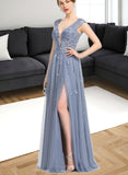 Skyler A-line V-Neck Floor-Length Lace Tulle Evening Dress With Sequins UKP0020996