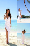 Simple Sexy Open Back Beach Side Slit Spaghetti Straps Summer White Wedding Dresses JS22