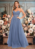 Samantha Ball-Gown/Princess V-Neck Floor-Length Tulle Prom Dresses With Sequins Appliques Lace JLP0025837