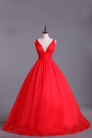 Deep V Neckline Prom Dress Organza Floor Length Backless Sexy Red