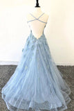 Elegant Spaghetti Straps Lace Applique Blue Bateau Tulle Backless Long Prom Dresses SJS15201