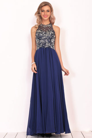 Chiffon Scoop Prom Dresses A Line With Beads&Rhinestones Chiffon Floor Length