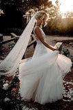 Elegant A Line V Neck Tulle Wedding Dresses With Flowers V Back Beach Wedding SJSPEKH2P28