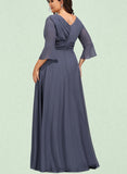 Everly A-line V-Neck Floor-Length Chiffon Evening Dress With Cascading Ruffles UKP0021000