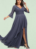 Everly A-line V-Neck Floor-Length Chiffon Evening Dress With Cascading Ruffles UKP0021000