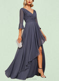 Everly A-line V-Neck Floor-Length Chiffon Evening Dress With Cascading Ruffles UKP0021000