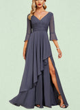 Everly A-line V-Neck Floor-Length Chiffon Evening Dress With Cascading Ruffles UKP0021000