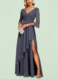 Everly A-line V-Neck Floor-Length Chiffon Evening Dress With Cascading Ruffles UKP0021000