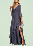 Everly A-line V-Neck Floor-Length Chiffon Evening Dress With Cascading Ruffles UKP0021000