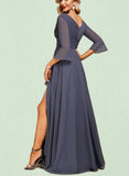 Everly A-line V-Neck Floor-Length Chiffon Evening Dress With Cascading Ruffles UKP0021000