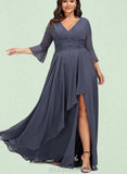 Everly A-line V-Neck Floor-Length Chiffon Evening Dress With Cascading Ruffles UKP0021000