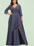 Everly A-line V-Neck Floor-Length Chiffon Evening Dress With Cascading Ruffles UKP0021000