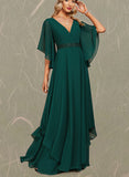 Samara A-line V-Neck Floor-Length Chiffon Evening Dress With Beading Appliques Lace Sequins UKP0021002