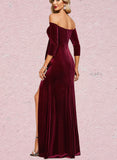 Frida Sheath/Column Off the Shoulder Floor-Length Velvet Evening Dress With Cascading Ruffles UKP0021004