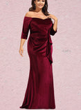 Frida Sheath/Column Off the Shoulder Floor-Length Velvet Evening Dress With Cascading Ruffles UKP0021004