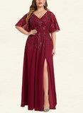 Yuliana A-line V-Neck Floor-Length Chiffon Lace Evening Dress With Sequins UKP0021006