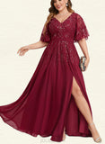 Yuliana A-line V-Neck Floor-Length Chiffon Lace Evening Dress With Sequins UKP0021006