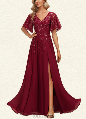 Yuliana A-line V-Neck Floor-Length Chiffon Lace Evening Dress With Sequins UKP0021006