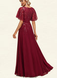 Yuliana A-line V-Neck Floor-Length Chiffon Lace Evening Dress With Sequins UKP0021006