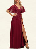 Yuliana A-line V-Neck Floor-Length Chiffon Lace Evening Dress With Sequins UKP0021006