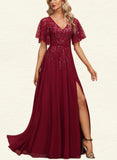 Yuliana A-line V-Neck Floor-Length Chiffon Lace Evening Dress With Sequins UKP0021006