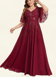 Yuliana A-line V-Neck Floor-Length Chiffon Lace Evening Dress With Sequins UKP0021006