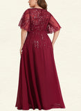 Yuliana A-line V-Neck Floor-Length Chiffon Lace Evening Dress With Sequins UKP0021006