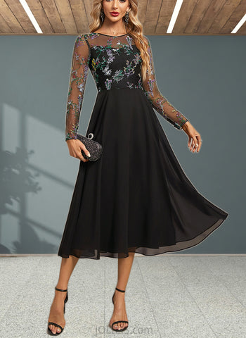 Alicia A-line Scoop Illusion Tea-Length Chiffon Lace Evening Dress UKP0021007