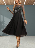 Alicia A-line Scoop Illusion Tea-Length Chiffon Lace Evening Dress UKP0021007