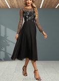 Alicia A-line Scoop Illusion Tea-Length Chiffon Lace Evening Dress UKP0021007