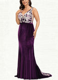 Nayeli Trumpet/Mermaid V-Neck Sweep Train Lace Velvet Evening Dress UKP0021010