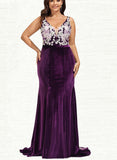 Nayeli Trumpet/Mermaid V-Neck Sweep Train Lace Velvet Evening Dress UKP0021010