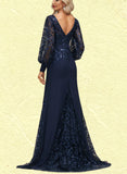 Maya Trumpet/Mermaid Scoop Illusion Sweep Train Chiffon Lace Evening Dress With Sequins UKP0021011