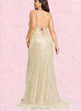 Tessa Sheath/Column V-Neck Sweep Train Sequin Evening Dress With Pleated UKP0021012