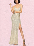 Tessa Sheath/Column V-Neck Sweep Train Sequin Evening Dress With Pleated UKP0021012